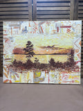 River Sunset on Canvas with Abstract Border; Signed with Initials J.A.