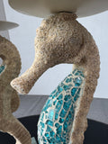 Pair of Sand Textured & Blue Glass Mosaic Seahorse Pillar Candle Holders
