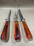 3 Piece Amber Lucite Faux Tortoise Shell Handle Carving Set