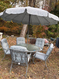Metal w/Glass Top Patio Table and Five Chair Set w/Cushions, 8’ Umbrella and Stand