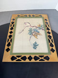 (A) Vintage Asian Silk Bird with Flowers Painting in Wooden Cut Out Frame