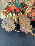 Lot of 5 Bohemian Patchwork Fabric Pumpkins with Rustic Metal Leaf Garland