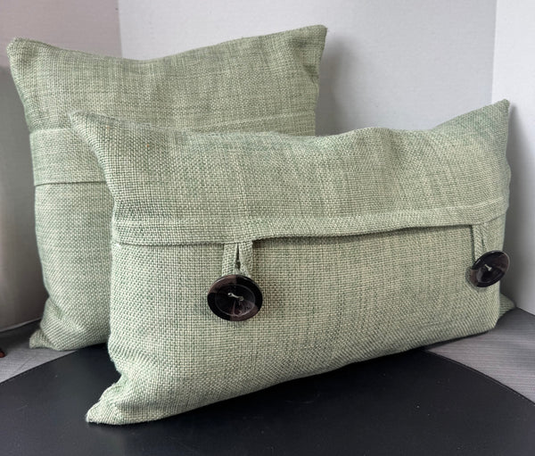 Pair of Green Tweed Feather Throw Pillows with Button Accents