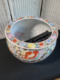 Chinese Floral & Koi Ceramic Fishbowl Planter with Wooden Stand