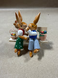 German Erzgebirge Wooden Bunny Rabbits Kissing On A Bench Easter