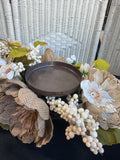 Burlap & Faux Floral Triple Pillar Candle Centerpiece (2 AVAILABLE—PRICED INDIVIDUALLY AT $15 EACH)