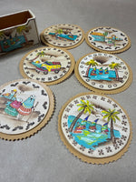 Set Of 6 Leather Handpainted Coasters From Columbia