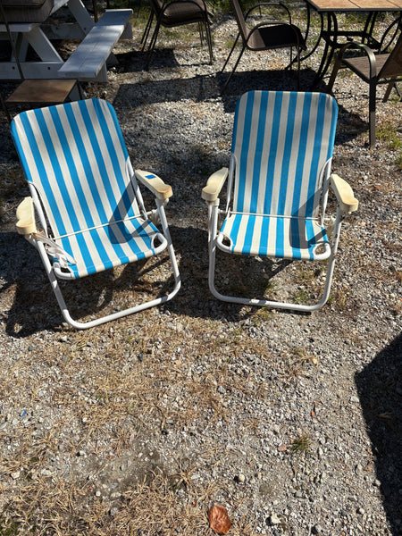 Pair of Blue Striped Folding Low Beach Chairs