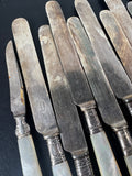 15-Piece Harrison Bros. & Howson Dinner Knives with Sterling Silver Collar and Mother of Pearl Handles