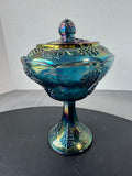Indiana Blue Carnival Glass Harvest Grape Covered Compote
