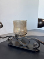 Bronzed Wrought Iron Heavyweight Scroll Wall Sconce with Smoky Glass Hurricane