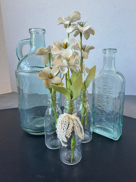5-Piece Bud Vases & Blue Bottles with Faux Florals Lot