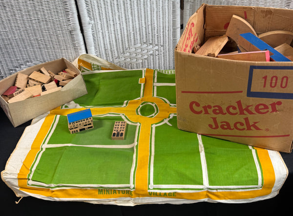 Lot of Assorted Vintage Wooden Blocks with Fabric Village Mat