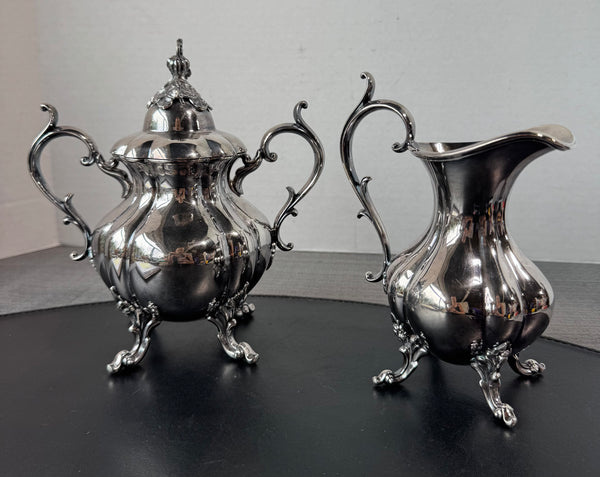 (C) Reed & Barton MCM Vintage Winthrop Silver Plate Large Creamer & Double Handled Sugar Bowl with Lid