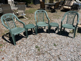 (3) Plastic Patio Chairs with (2) Plastic Side Tables