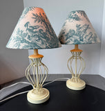 Pair of Cream Metal Cage Style Lamps with Blue & White Toile Shades (WORKS)