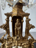 Pair of Antique Girandole Brass, Marble & Crystal Prism Candlesticks with Oil Lamp Conversion Inserts