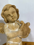 Hand Carved Cherub Playing Harp READ DESCRIPTION