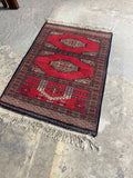Small Hand Knotted Rug, CC, 43"x26", navy/red