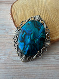 Ornate Sterling Silver Framed Blue Abalone Vintage Pendant Brooch