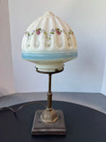 Brass & Cast Iron Vintage Boudoir Lamp with Floral Dome Milk Glass Shade (WORKS)