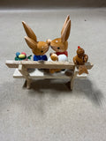 German Erzgebirge Wooden Bunny Rabbits Kissing On A Bench Easter