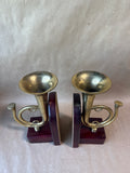 Brass Horn On Wood Bookends - Pair