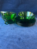 Vintage Vere Co France Green Glass Cups and Saucers, 7 Pieces