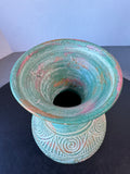 Bohemian Style Heavyweight Etched Pottery Vase with Multicolored Patina