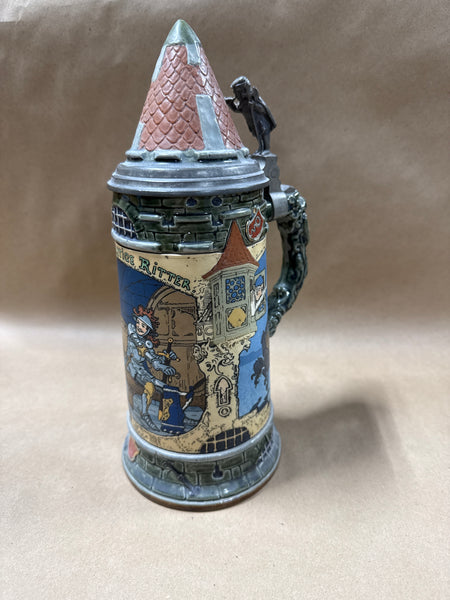 (A) Mettlach Etched 2382 Thirsty Knight German Beer Stein — Signed Heinrich Schlitt