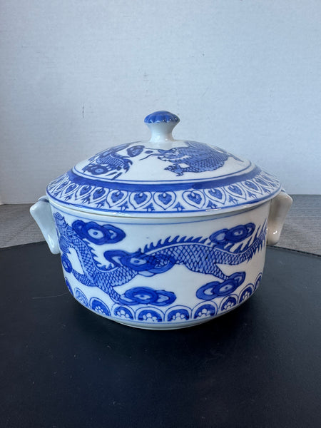 Blue & White Chinoiserie Chinese Dragon Covered Casserole