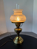 Quoizel Style Vintage Brass Hurricane Lamp with Floral Etched Glass Shade (WORKS)