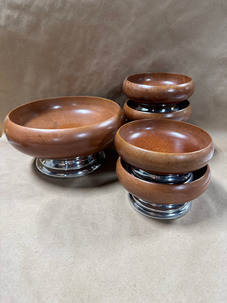 6 Piece Wood And Metal Base Salad Bowl Server With 5 Salad Bowls