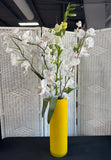 Faux White Orchids in Yellow Glass Cylindrical Vase
