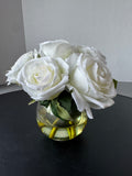 Faux White Roses in Glass Vase