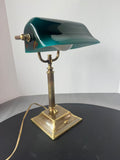 Brass Vintage Banker’s Lamp with Teal Glass Shade (WORKS)