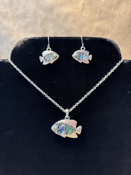 Silver Tone / Abalone Fish Necklace & Earring Set