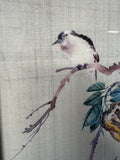 (A) Vintage Asian Silk Bird with Flowers Painting in Wooden Cut Out Frame