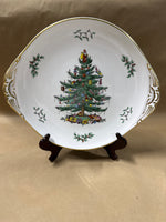 Spode England Christmas Tree Gold Filigree Handled Cake Plate