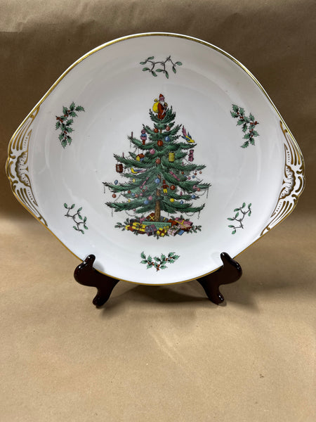 Spode England Christmas Tree Gold Filigree Handled Cake Plate