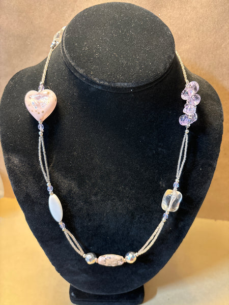 Silver Necklace with Assorted Beads (Pink Heart)