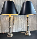 Pair of Baldwin Style Brushed Nickel Large Candlestick Table Lamps with Black Shades (WORKS)
