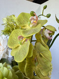 Mixed Faux Florals in Green & Blue Art Glass Vase