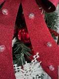 Faux Fir Glittery Bow Swag with Red & White Ornaments