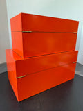 Pair of Galt International Orange Enamel Storage Boxes with Geometric Accent
