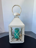 Distressed Cream Metal Lantern with River Rocks & Pillar Candle