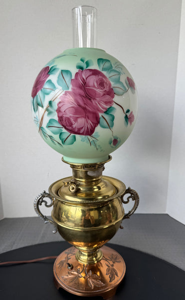 Miller Juno Mixed Metal Electric Oil Lamp with Floral Glass Globe Shade (WORKS)