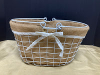 White Wire Basket with Burlap Liner