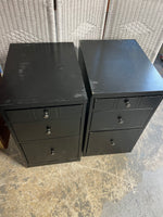 Black Particle Board Cabinets, with 3 Drawers including file drawer, (2)