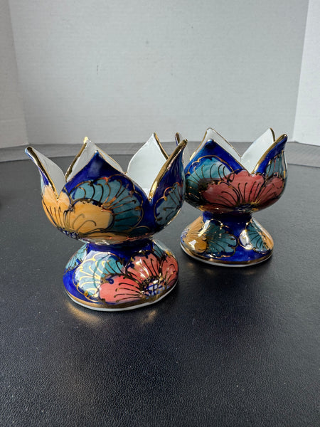 Pair of Vintage Thai Hand Painted Floral Ceramic Taper Candle Holders